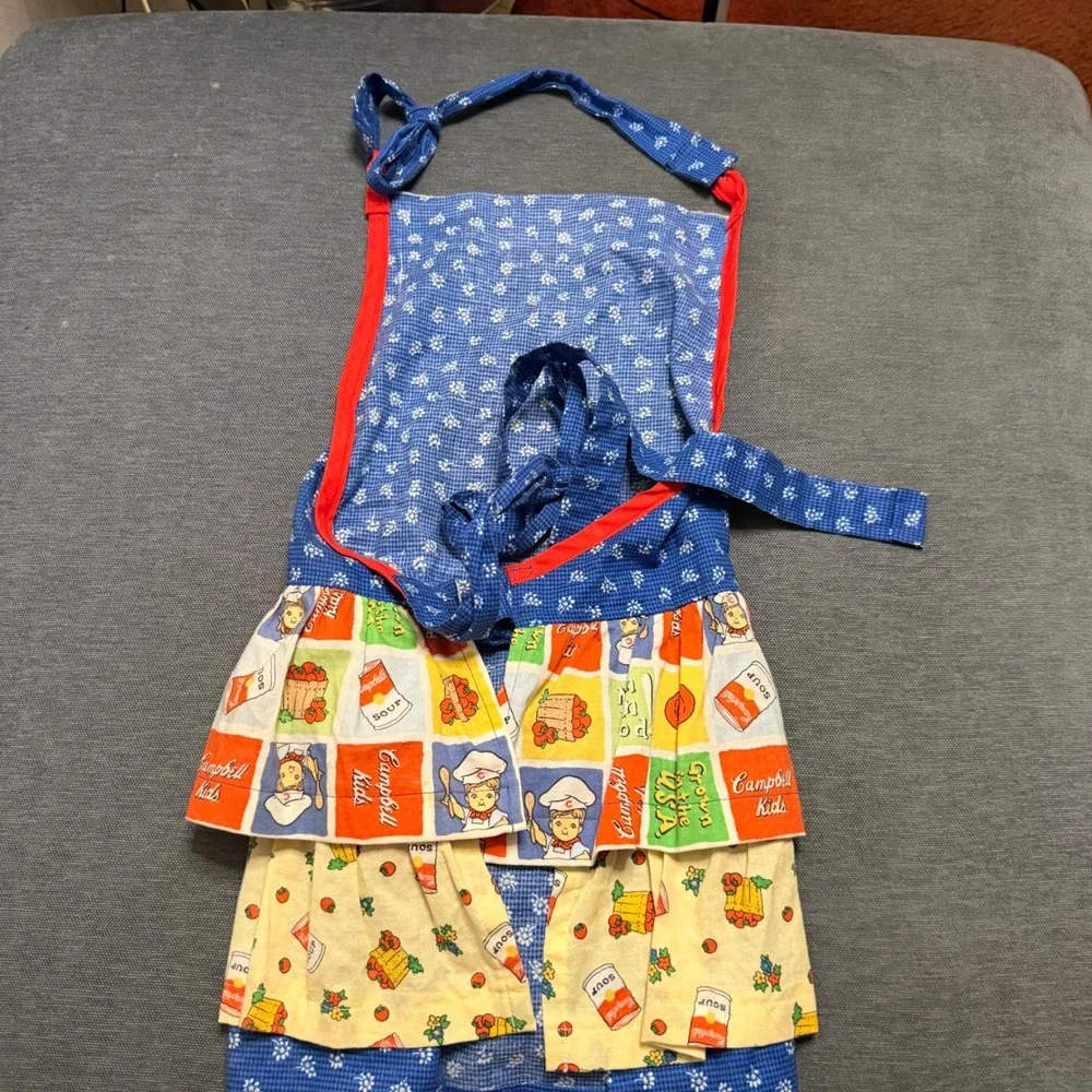 Vintage Campbells Soup Kids Ruffle Apron Blue Floral Tiered Multi Color One Size